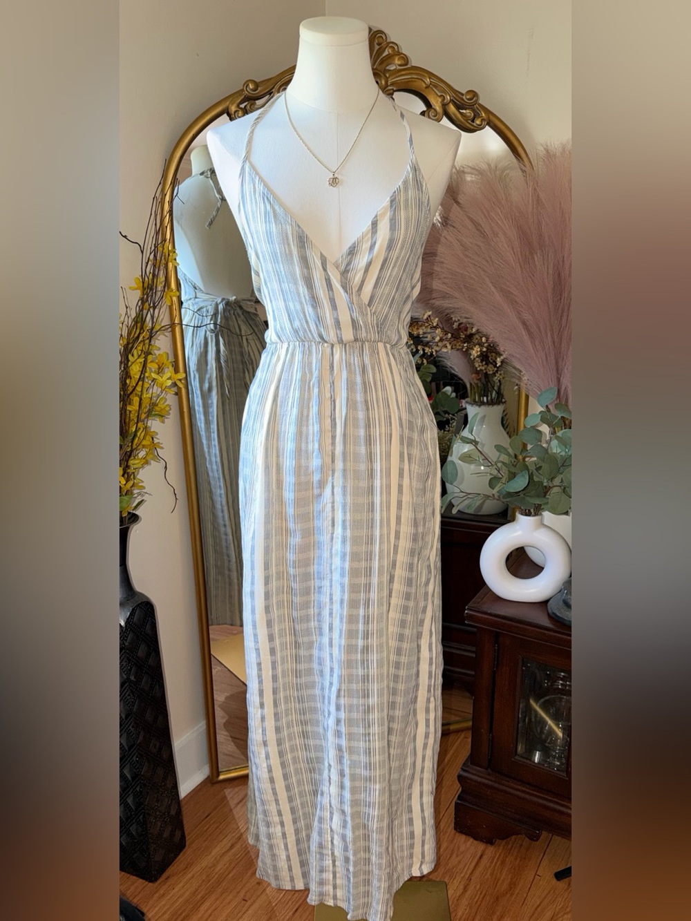 ASOS Striped Spaghetti-Strap V-Neck Maxi Dress in Light Gray and White NWT